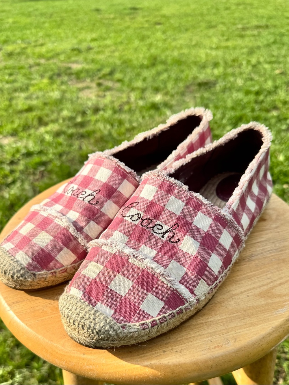 Coach Pink Gingham Espadrille Slip-Ons with Embroidered Logo